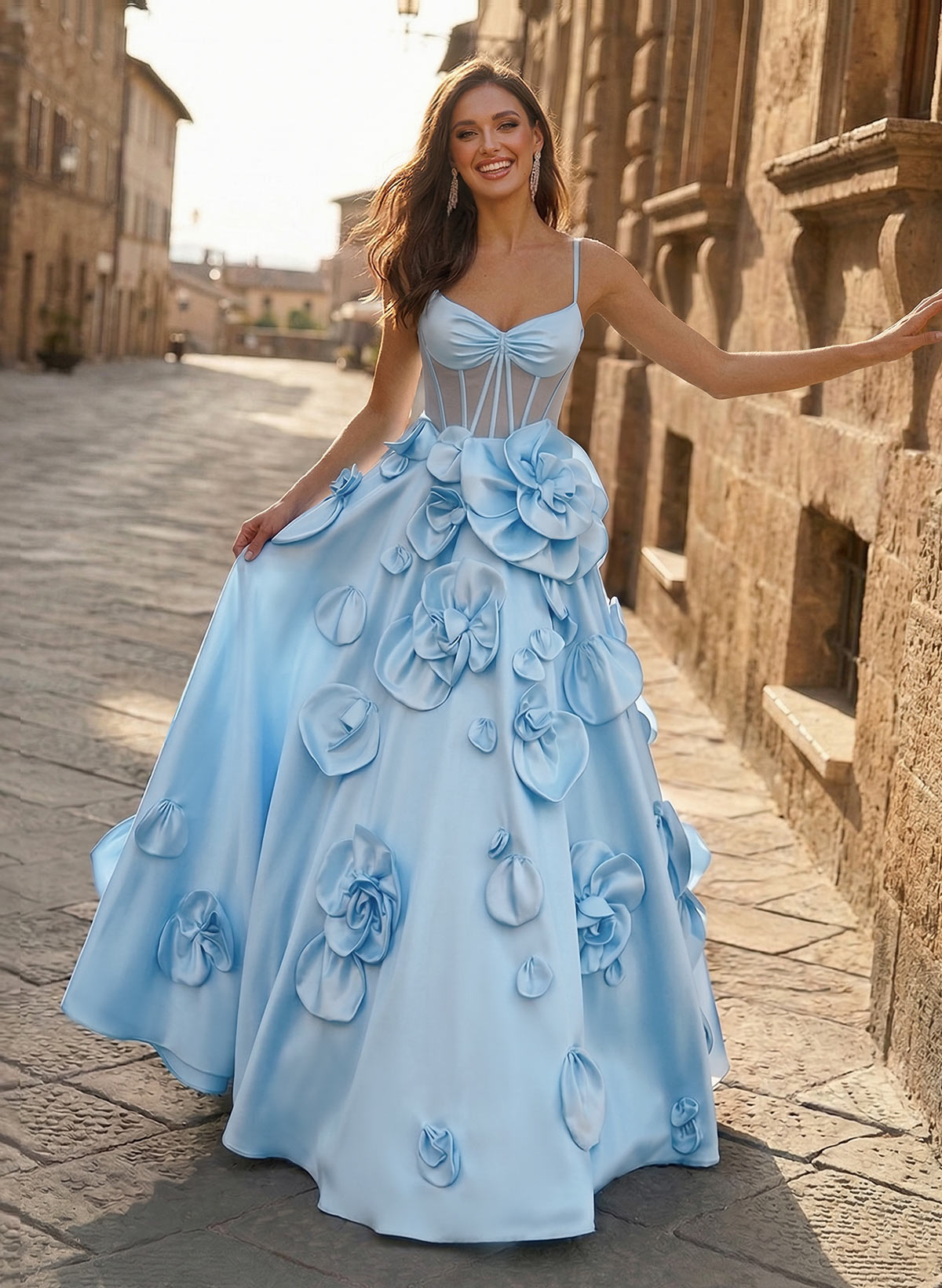 A-Line Sweetheart Sleeveless Floor-Length Satin Prom Dresses With Flowers