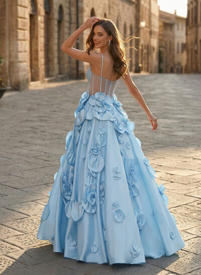A-Line Sweetheart Sleeveless Floor-Length Satin Prom Dresses With Flowers
