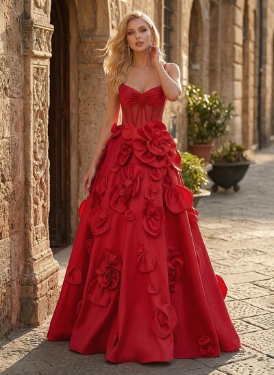 A-Line Sweetheart Sleeveless Floor-Length Satin Prom Dresses With Flowers