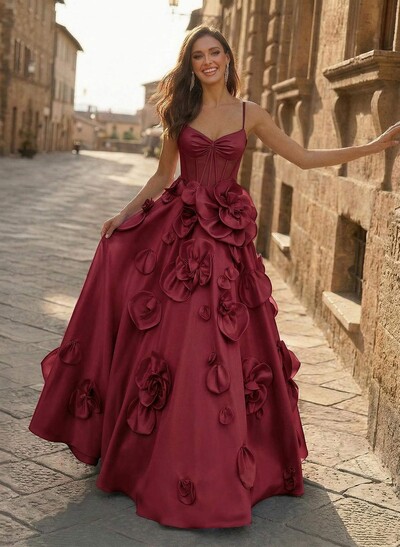 A-Line Sweetheart Sleeveless Floor-Length Satin Prom Dresses With Flowers