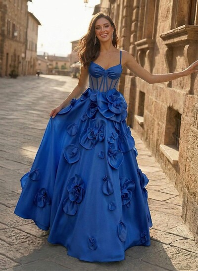 A-Line Sweetheart Sleeveless Floor-Length Satin Prom Dresses With Flowers