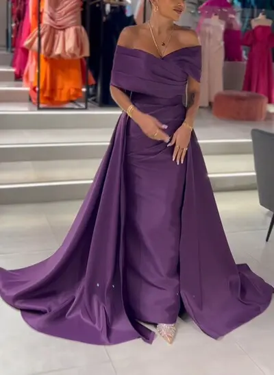 A-Line Off-The-Shoulder Sleeveless Court Train Satin Prom Dresses With Overskirt Dress