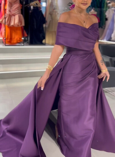 A-Line Off-The-Shoulder Sleeveless Court Train Satin Prom Dresses With Overskirt Dress