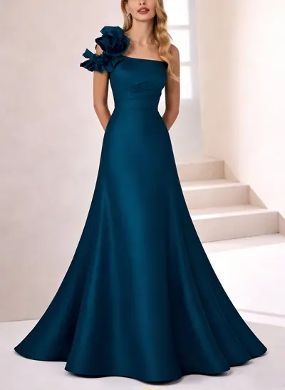Elegant A-Line One-Shoulder Sweep Train Satin Prom Dresses With Flower(s)