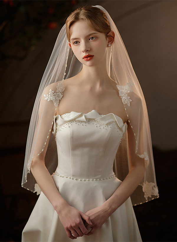 Beaded Edge Leaf Tulle Elbow Bridal Veils