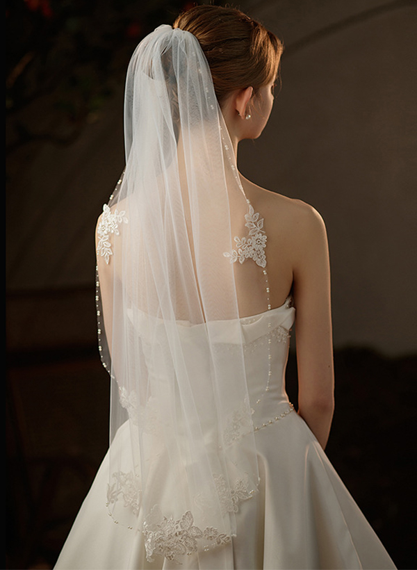 Beaded Edge Leaf Tulle Elbow Bridal Veils