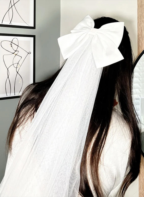 Cut Edge Bowknot Two-Tier Tulle Elbow Bridal Veils