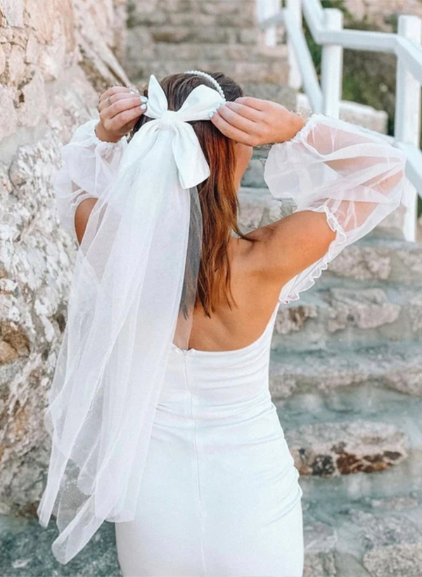 Cut Edge Bowknot Two-Tier Tulle Elbow Bridal Veils