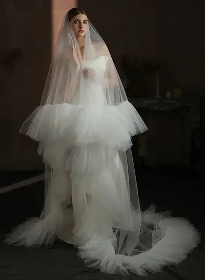 Ruffled Two-Tier Tulle Cathedral Wedding Veils