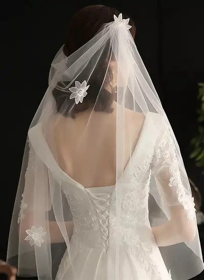 Floral Two-Tier Tulle Shoulder Veil with Cut Edge