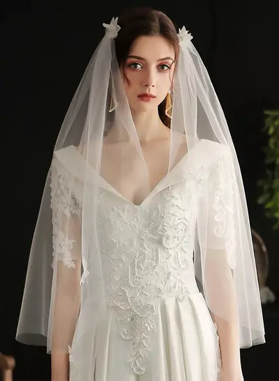 Floral Two-Tier Tulle Shoulder Veil with Cut Edge