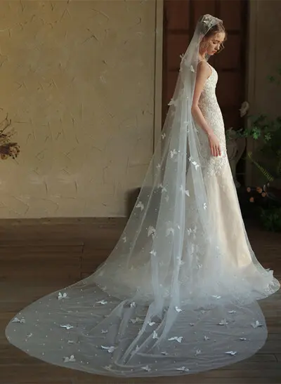 Single-Tier Cut Edge Pearl/Butterfly Tulle Chapel Wedding Veils