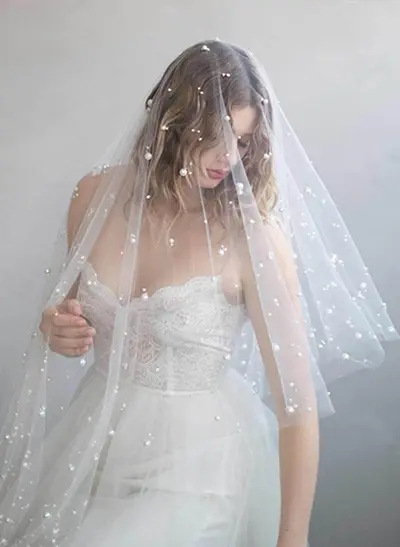 Two-Tier Pearl Tulle Fingertip Wedding Veil with Cut Edge