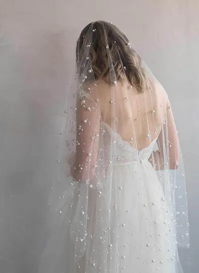 Two-Tier Pearl Tulle Fingertip Wedding Veil with Cut Edge