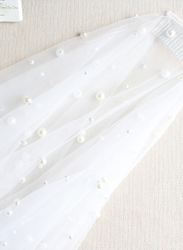 Cut Edge Pearl Two-Tier Tulle Fingertip Bridal Veils