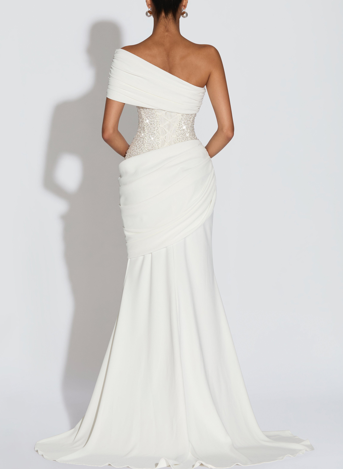 Trumpet/Mermaid One-Shoulder Sleeveless Sweep Train Elastic Satin With Beading Bride Wedding Dress