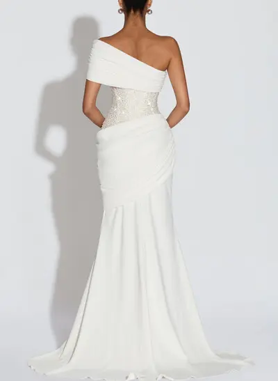 Trumpet/Mermaid One-Shoulder Sleeveless Sweep Train Elastic Satin With Beading Bride Wedding Dress