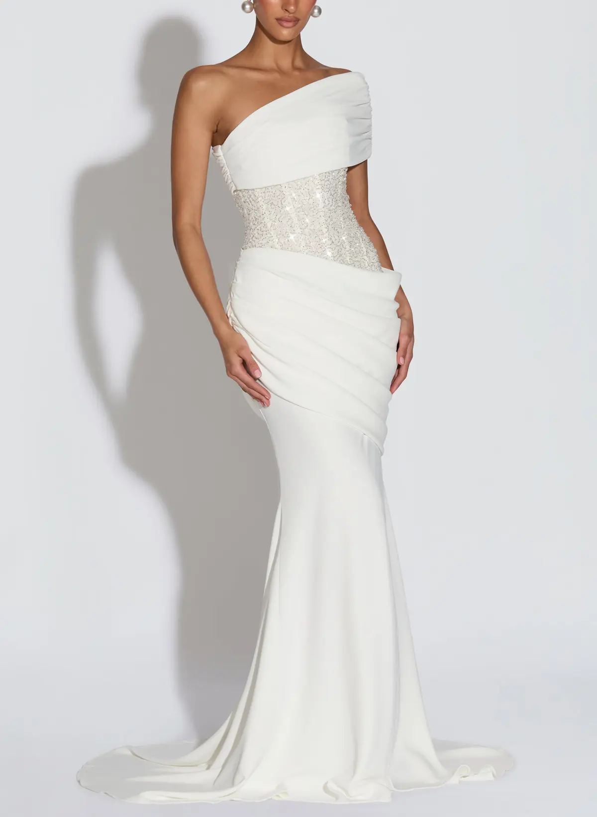 one shoulder trumpet wedding dress Grecian Trumpet One-shoulder Satin Summer Wedding Dress Destination With Open Back And Bow