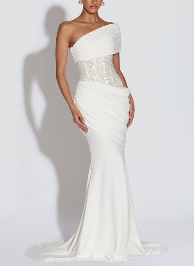 Trumpet/Mermaid One-Shoulder Sleeveless Sweep Train Elastic Satin With Beading Bride Wedding Dress