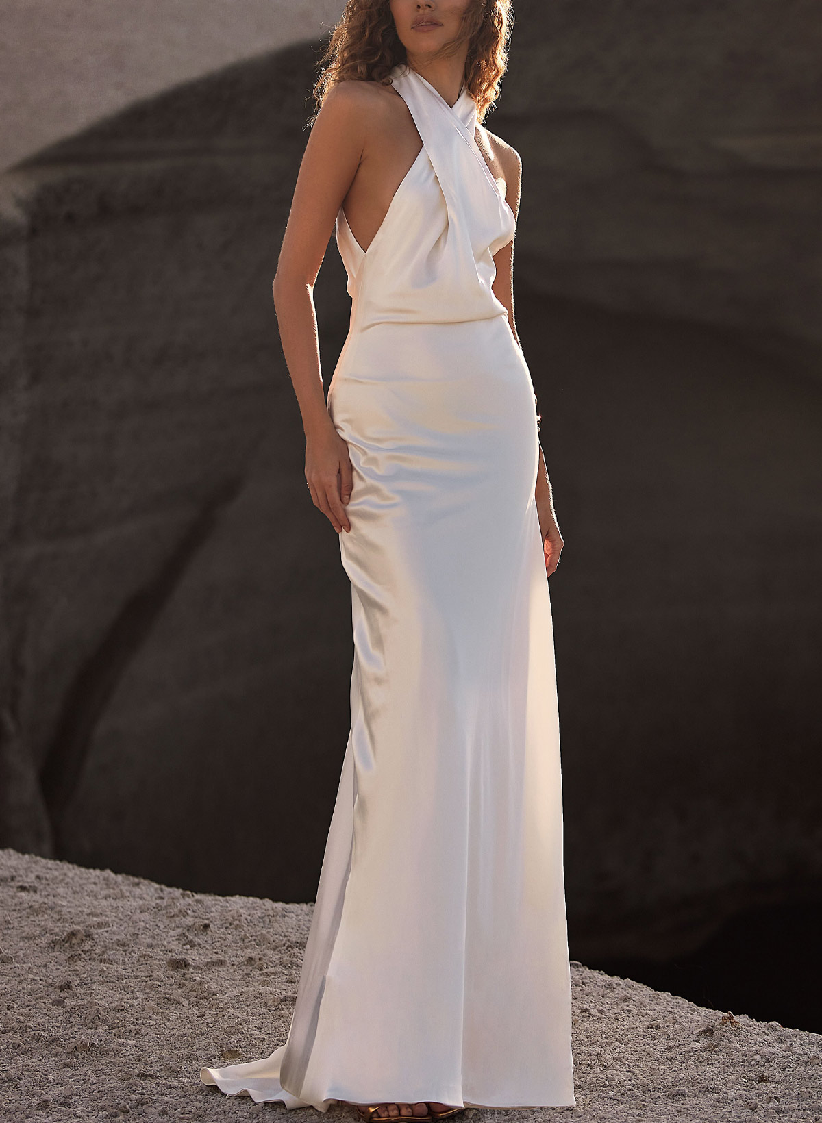A-Line Halter Sleeveless Sweep Train Silk Like Satin Bride Wedding Dress