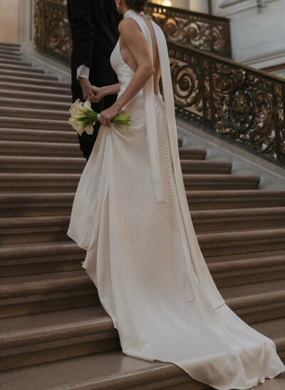 Ball-Gown Plunge Neck Sleeveless Chapel Train Crepe Satin Bride Wedding Dress