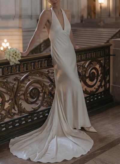 Ball-Gown Plunge Neck Sleeveless Chapel Train Crepe Satin Bride Wedding Dress