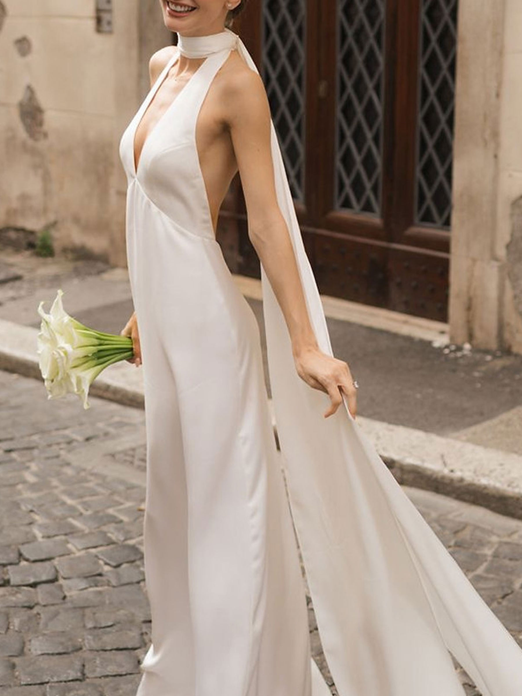 Ball-Gown Plunge Neck Sleeveless Chapel Train Crepe Satin Bride Wedding Dress