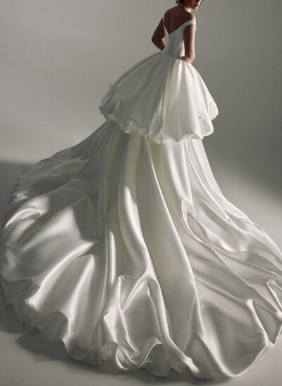 Ball-Gown Off-The-Shoulder Sleeveless Royal Matte Satin Bride Wedding Dress