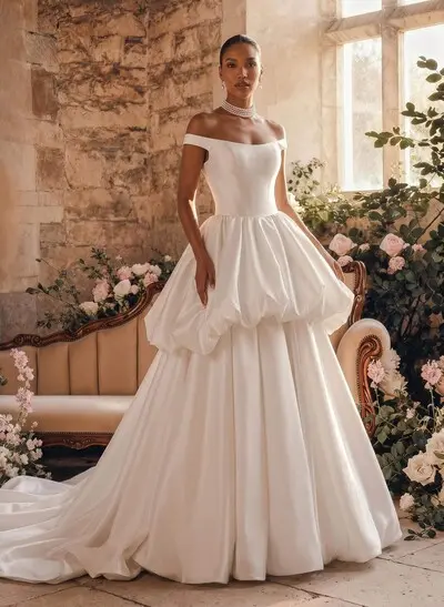 Ball-Gown Off-The-Shoulder Sleeveless Royal Matte Satin Bride Wedding Dress