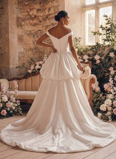 Ball-Gown Off-The-Shoulder Sleeveless Royal Matte Satin Bride Wedding Dress