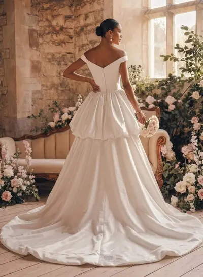 Ball-Gown Off-The-Shoulder Sleeveless Royal Matte Satin Bride Wedding Dress