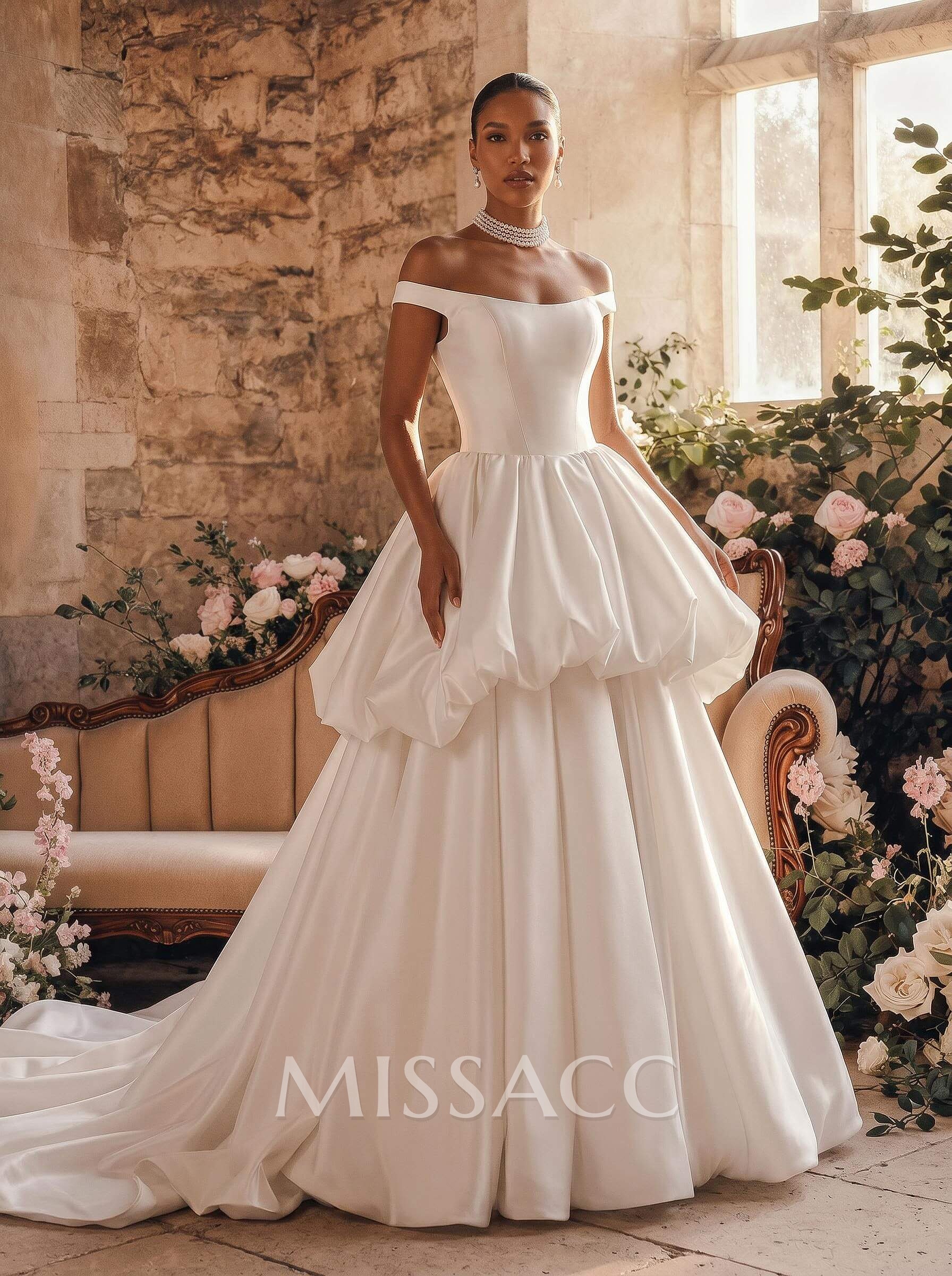 Ball-Gown Off-The-Shoulder Sleeveless Royal Matte Satin Bride Wedding Dress