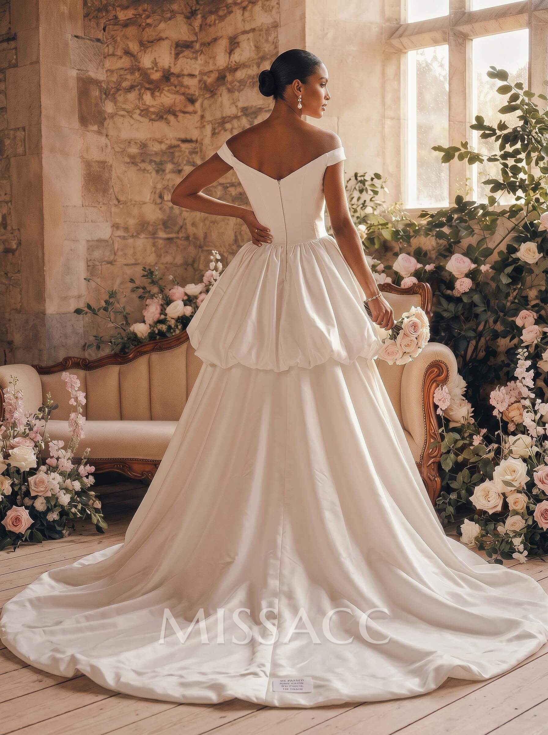 Ball-Gown Off-The-Shoulder Sleeveless Royal Matte Satin Bride Wedding Dress