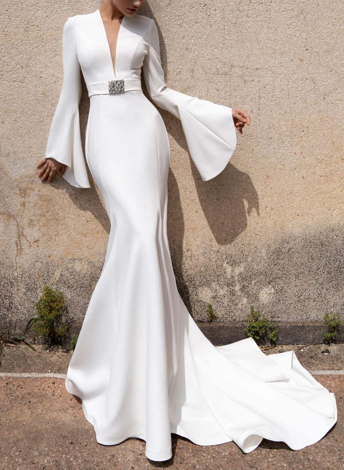 Trumpet/Mermaid Plunge Neck Long Sleeves Court Train Elastic Satin Bride Wedding Dress