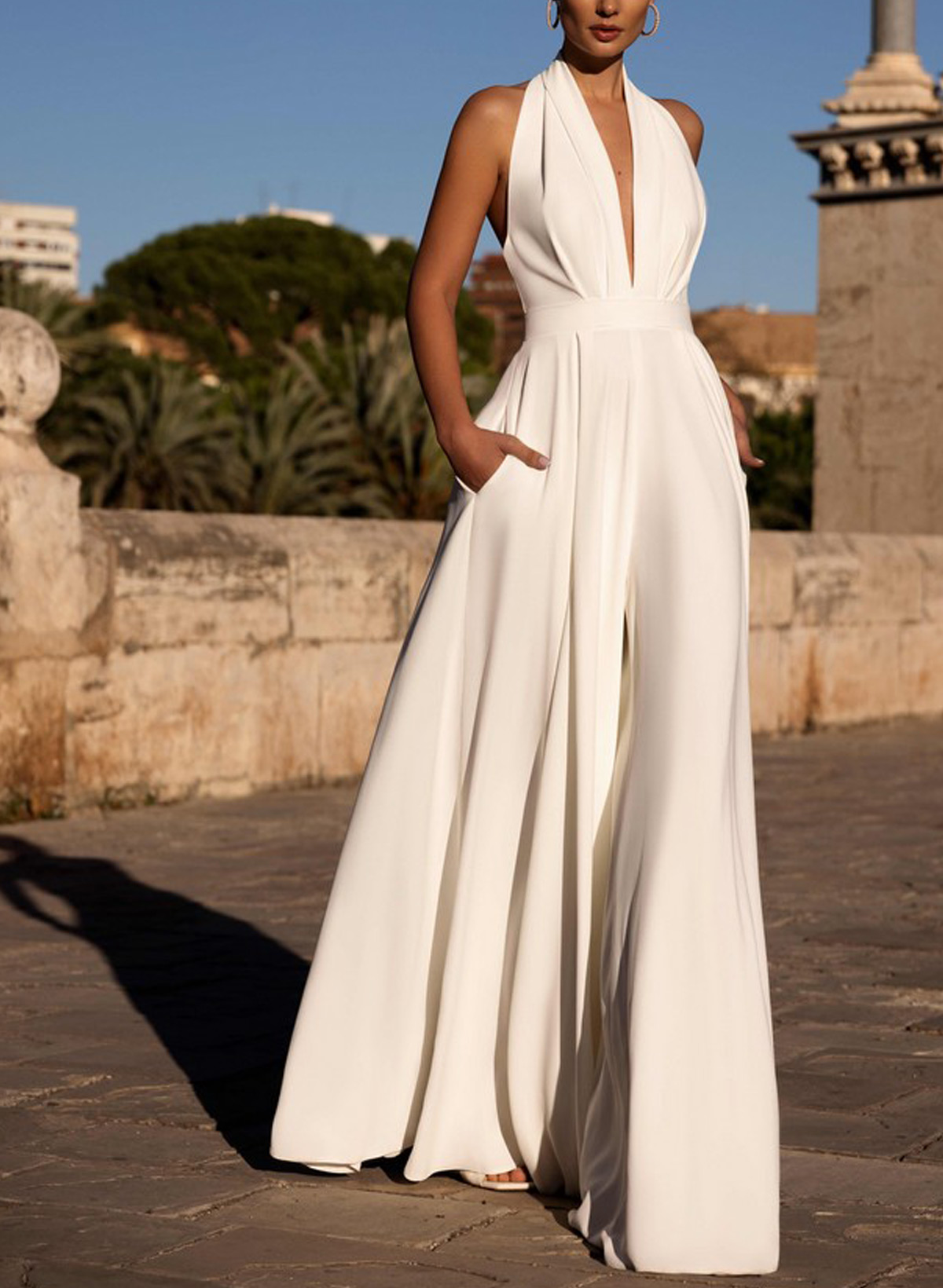 Jumpsuit/Pantsuit Halter Sleeveless Floor-Length Elastic Satin With Pockets Bride Wedding Dress