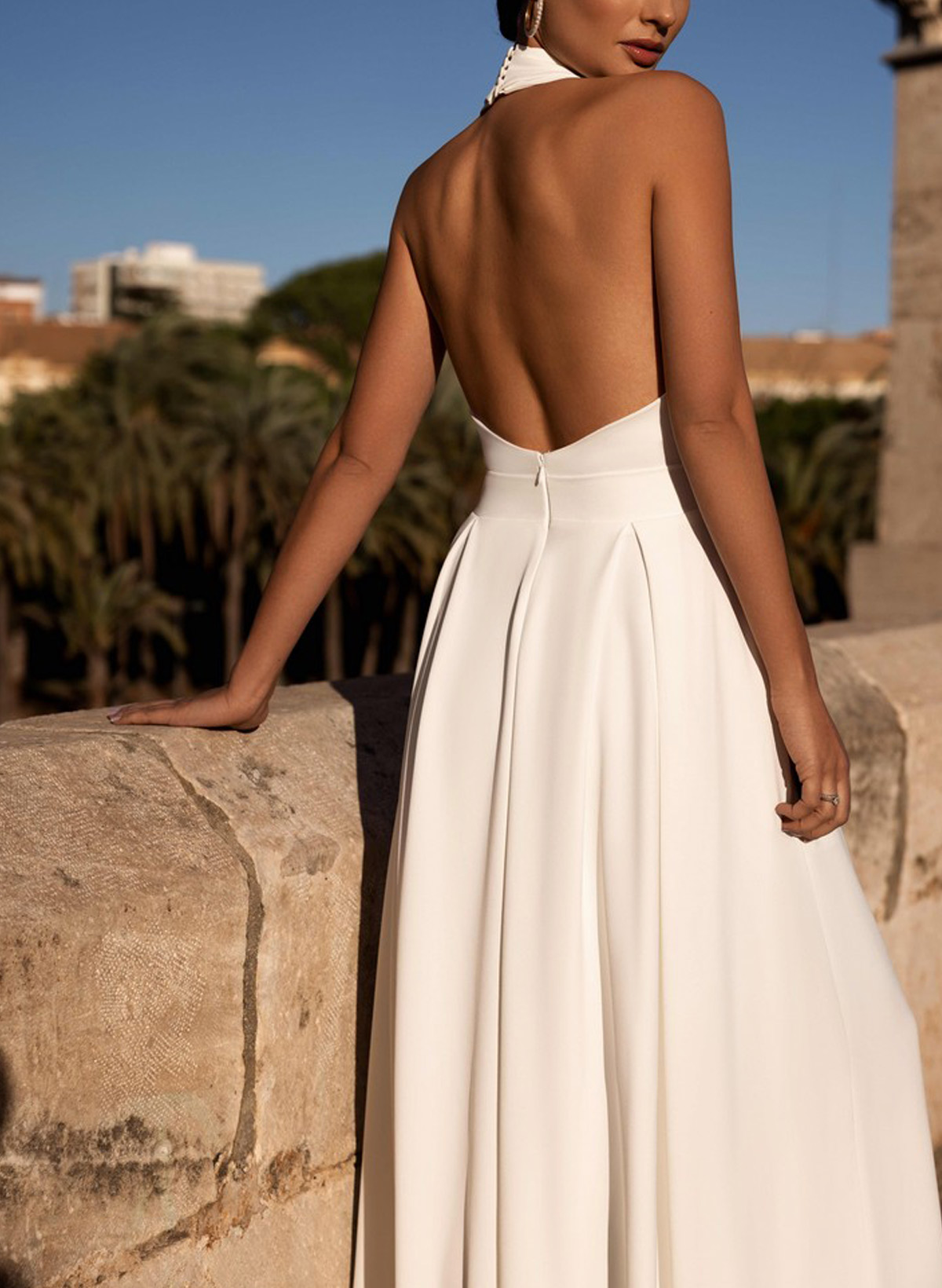 Jumpsuit/Pantsuit Halter Sleeveless Floor-Length Elastic Satin With Pockets Bride Wedding Dress