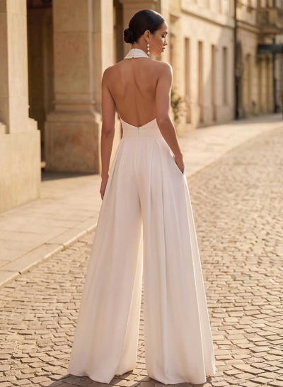 Jumpsuit/Pantsuit Halter Sleeveless Floor-Length Elastic Satin With Pockets Bride Wedding Dress
