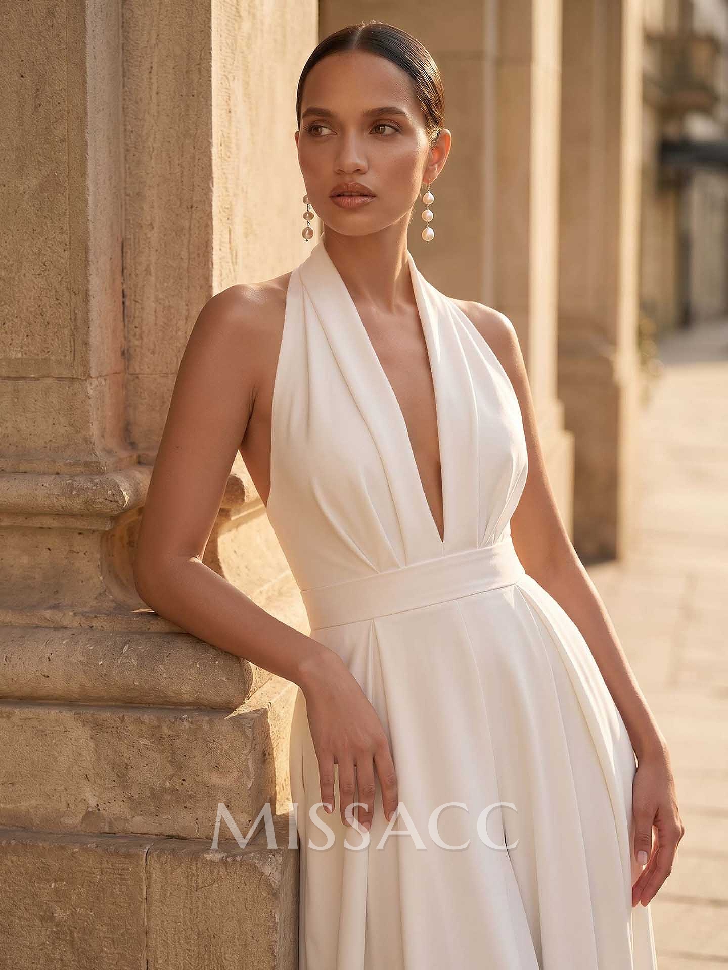 Jumpsuit/Pantsuit Halter Sleeveless Floor-Length Elastic Satin With Pockets Bride Wedding Dress Jumpsuit/Pantsuit Halter Sleeveless Floor-Length Elastic Satin With Pockets Bride Wedding Dress