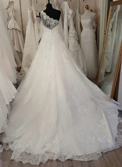 A-Line One-Shoulder Sleeveless Court Train Satin Wedding Dresses With Appliques