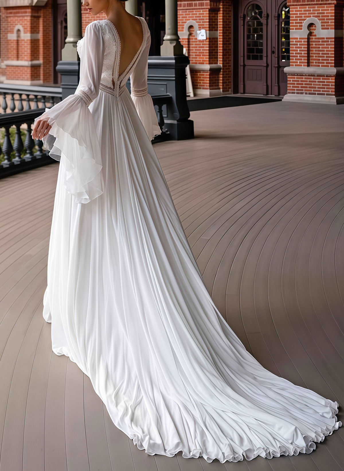 A-Line Plunge Neck Long Sleeves Chapel Train Chiffon/Lace With Pockets/High Split Bride Wedding Dress