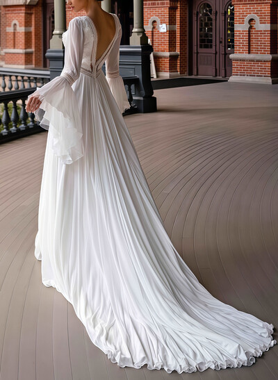 A-Line Plunge Neck Long Sleeves Chapel Train Chiffon/Lace With Pockets/High Split Bride Wedding Dress