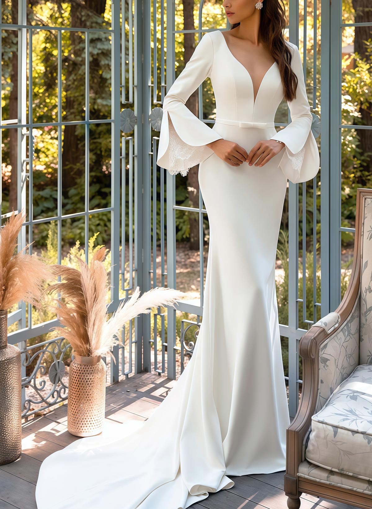 Trumpet/Mermaid Plunge Neck Long Sleeves Chapel Train Elastic Satin With Lace Bride Wedding Dress