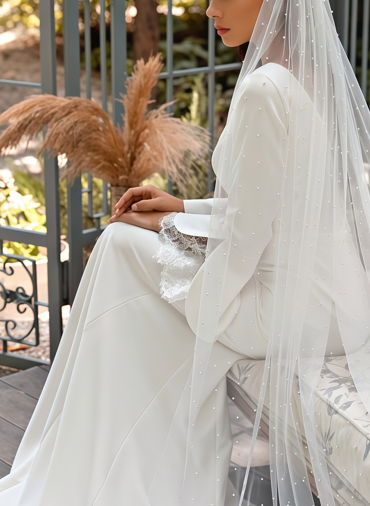 Trumpet/Mermaid Plunge Neck Long Sleeves Chapel Train Elastic Satin With Lace Bride Wedding Dress