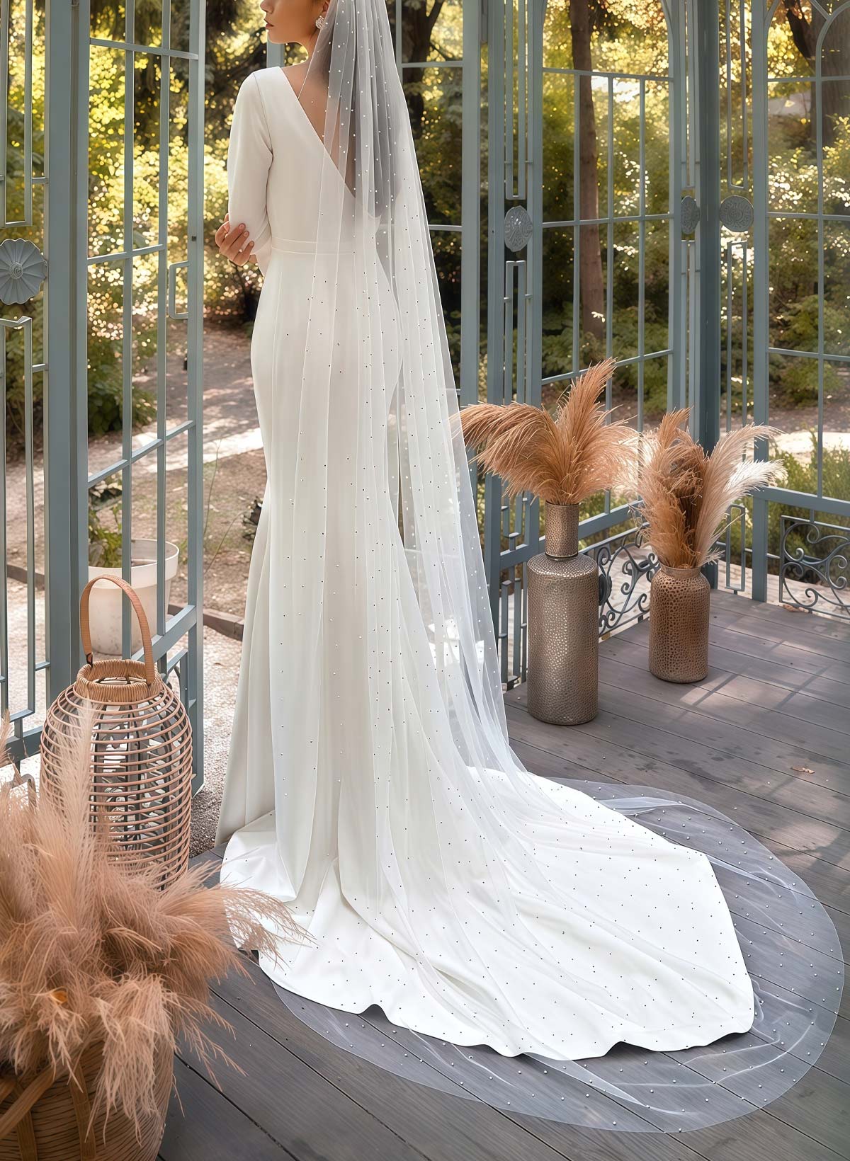 Trumpet/Mermaid Plunge Neck Long Sleeves Chapel Train Elastic Satin With Lace Bride Wedding Dress