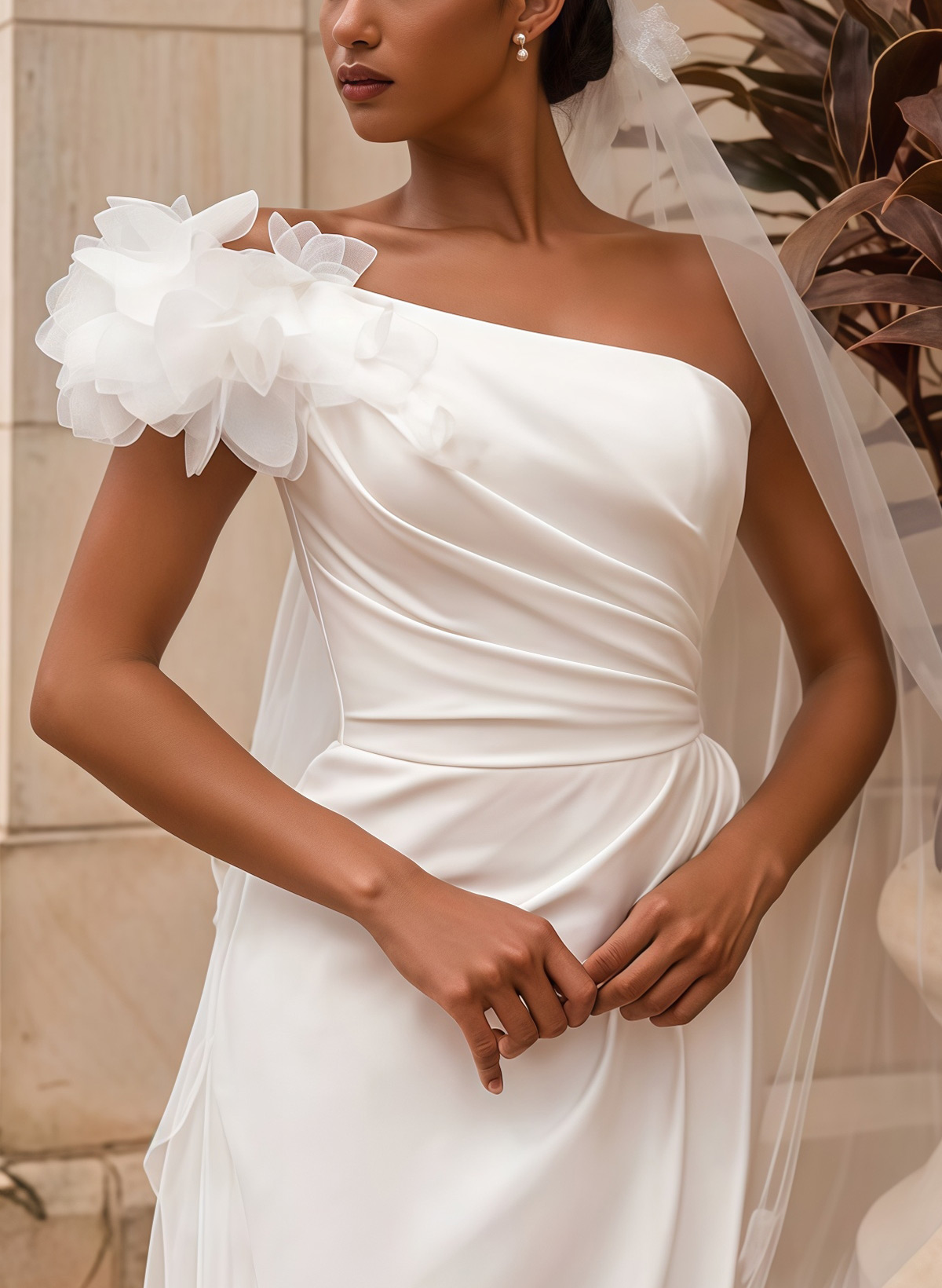 A-Line One-Shoulder Sleeveless Chapel Train Elastic Satin With High Split Bride Wedding Dress