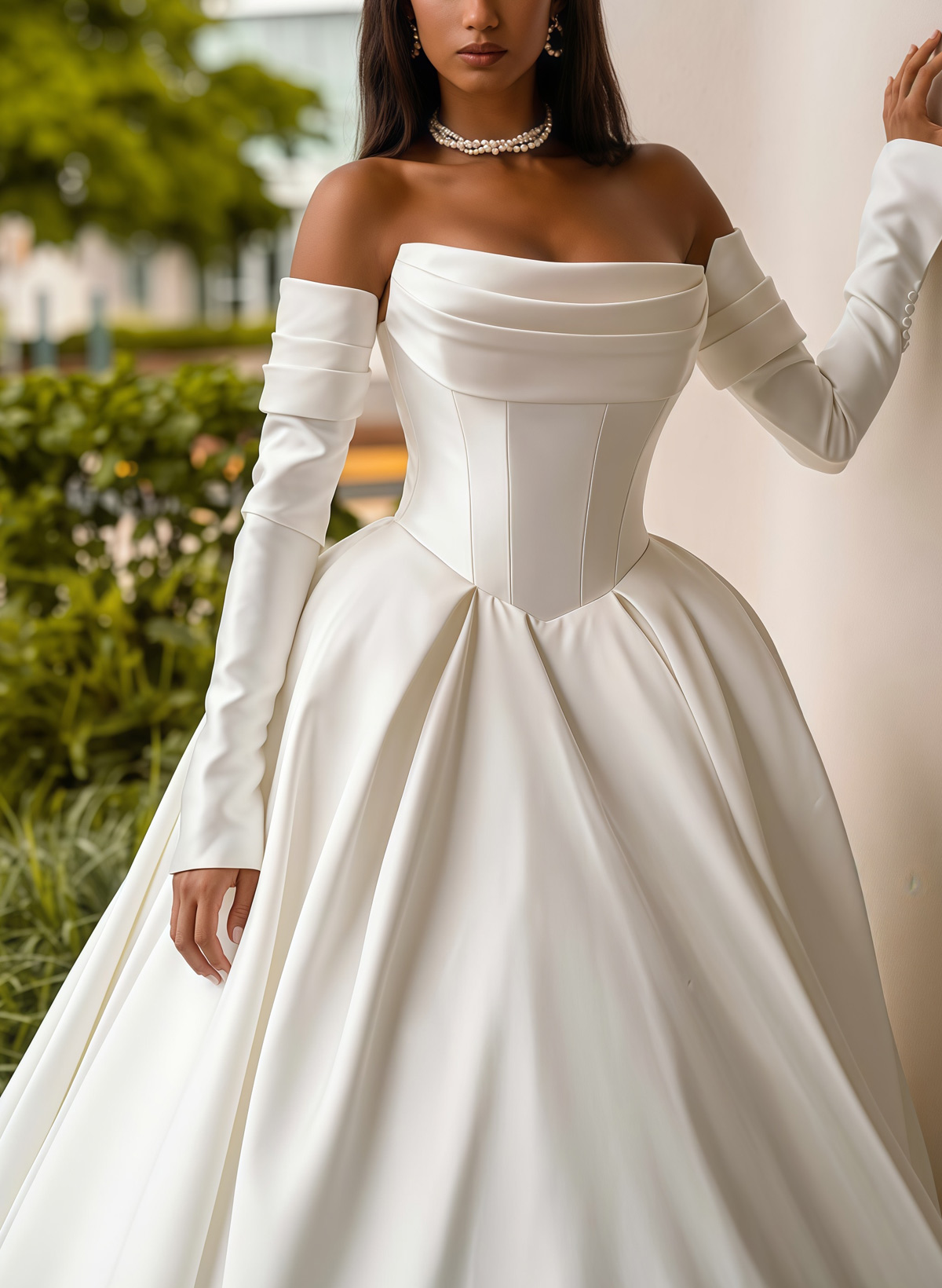 Ball-Gown Sweetheart Detachable Sleeves Chapel Train Twill Satin With Pockets Bride Wedding Dress