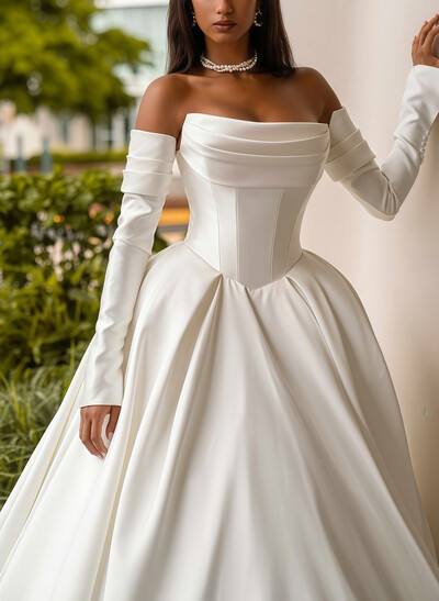 Ball-Gown Sweetheart Detachable Sleeves Chapel Train Twill Satin With Pockets Bride Wedding Dress
