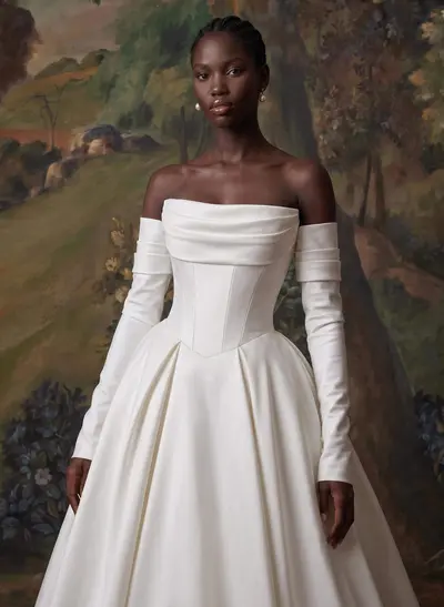 Ball-Gown Sweetheart Detachable Sleeves Chapel Train Twill Satin With Pockets Bride Wedding Dress
