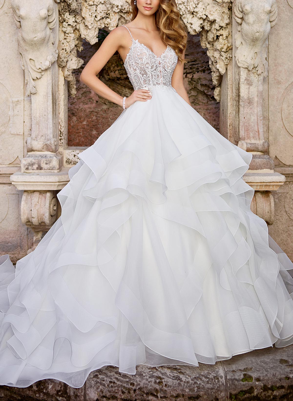 Ball-Gown V-Neck Sleeveless Chapel Train Satin/Organza With Appliques Bride Wedding Dress