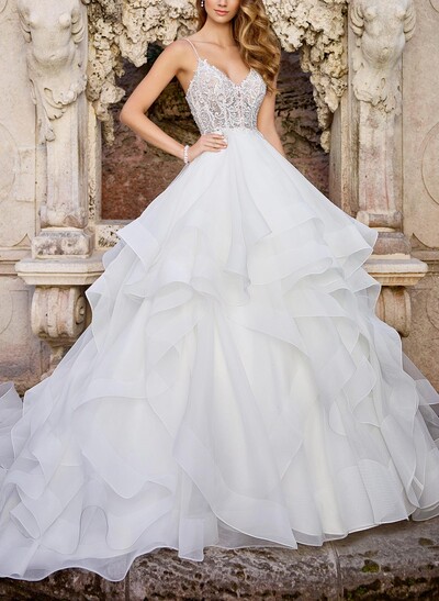 Ball-Gown V-Neck Sleeveless Chapel Train Satin/Organza With Appliques Bride Wedding Dress